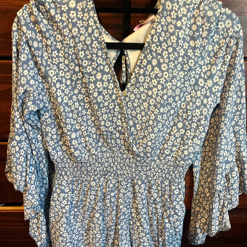 Pink Lily Blue Floral Romper